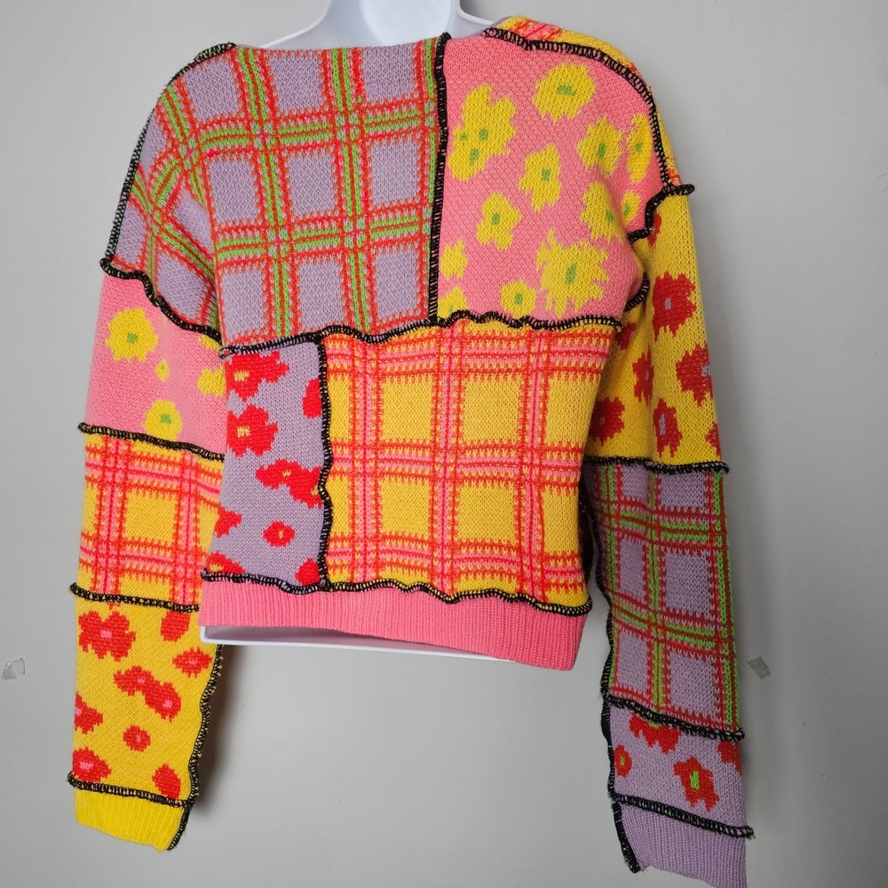 Womens Patchwork Cropped Cardigan Sweater Size M Multi Colorblock Kawaii Retro - Picture 3 of 8